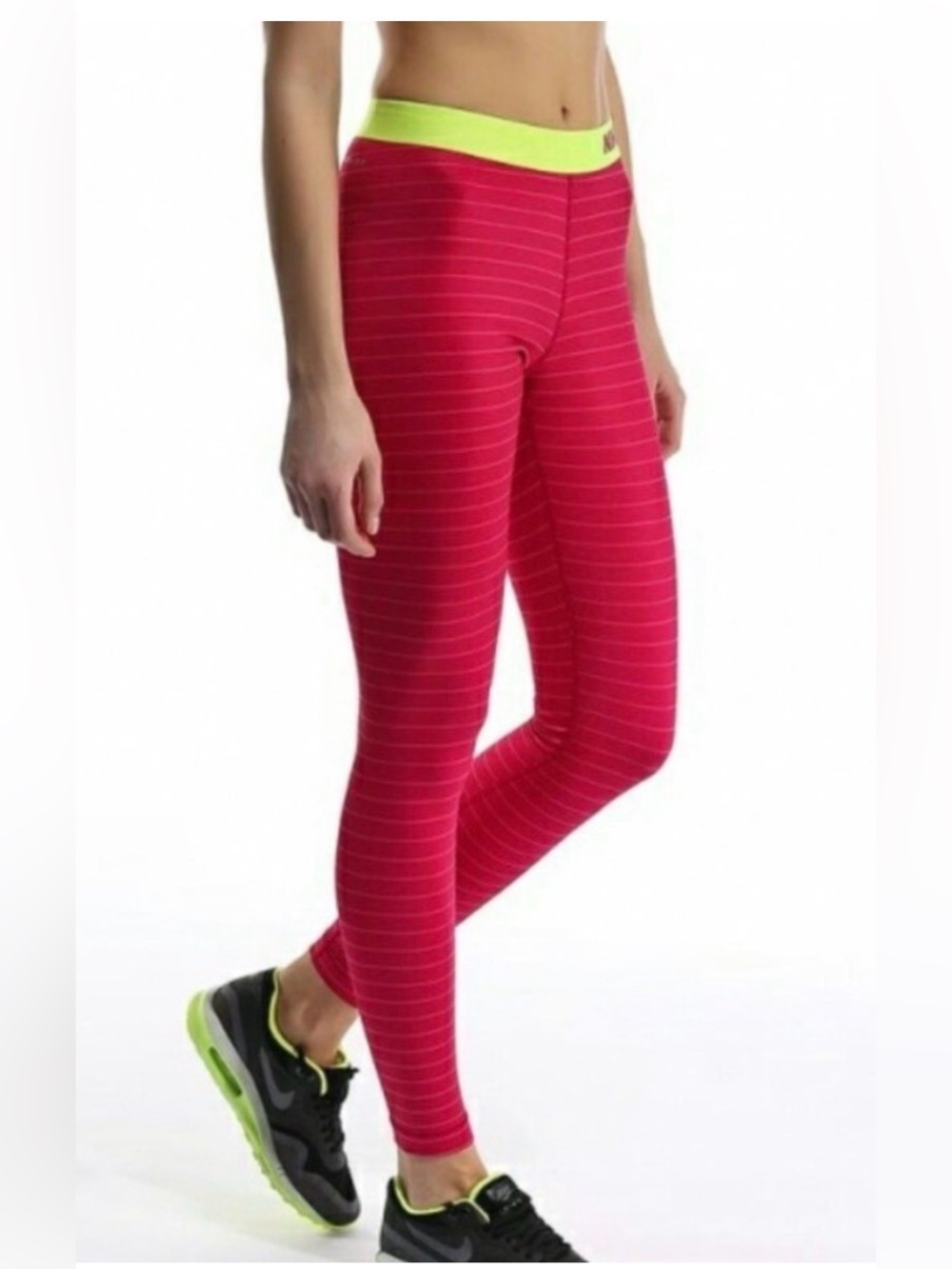 Nike Pro Dri-Fit Womans Md Pink Stripe Compression Tights with Lime Waistband